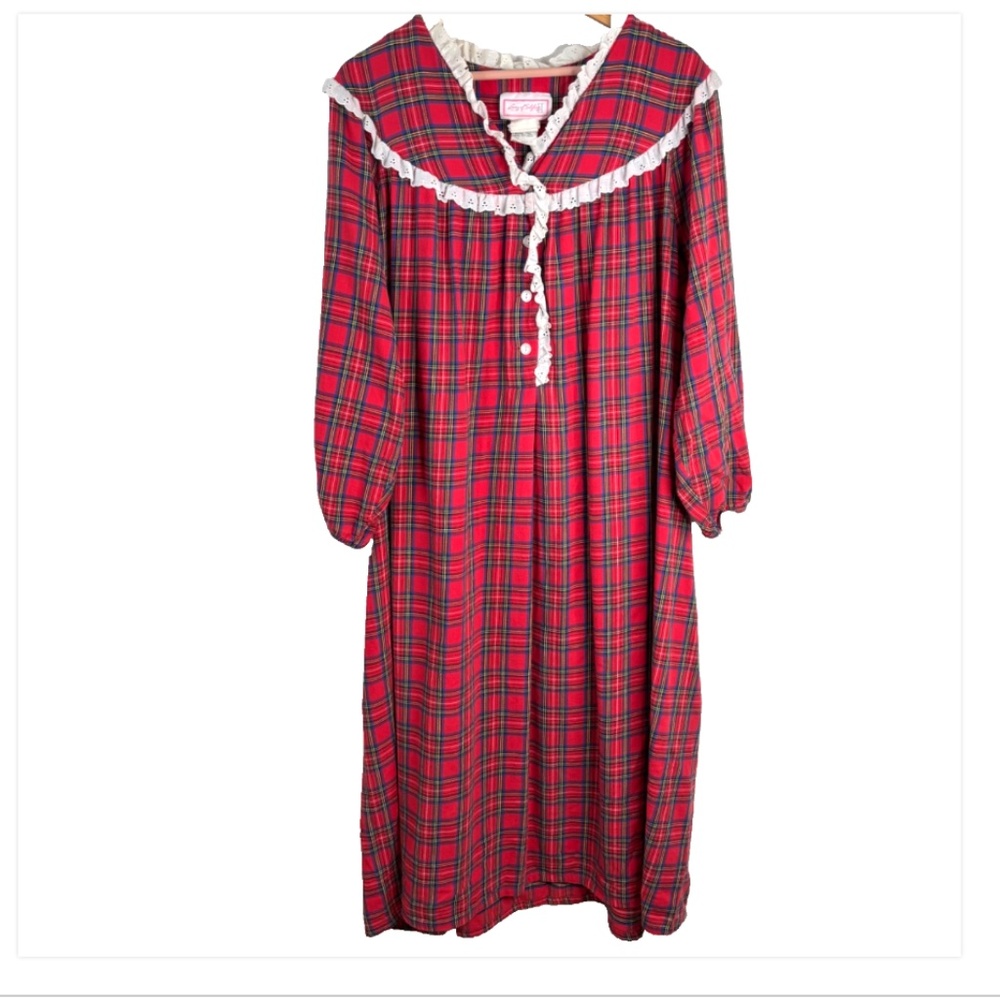 VTG LANZ of Salzburg Red Flannel Nightgown XL Plaid Lace Trim Granny Christmas